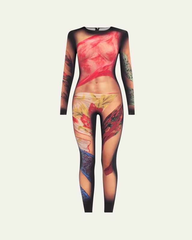 Floral Jewelry-Print Jersey Long-Sleeve Catsuit